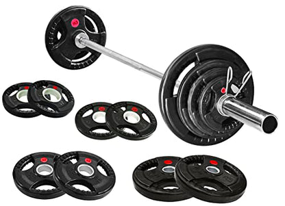 Signature Fitness Cast Iron Olympic 2-Inch Weight Plates Including 7FT Olympic Barbell, 130-Pound Set (85 Pounds Plates + 45 Pounds Barbell), Multiple Packages, Style #4