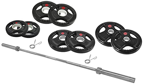 Signature Fitness Cast Iron Olympic 2-Inch Weight Plates Including 7FT Olympic Barbell, 130-Pound Set (85 Pounds Plates + 45 Pounds Barbell), Multiple Packages, Style #4