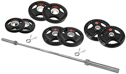 Signature Fitness Cast Iron Olympic 2-Inch Weight Plates Including 7FT Olympic Barbell, 130-Pound Set (85 Pounds Plates + 45 Pounds Barbell), Multiple Packages, Style #4
