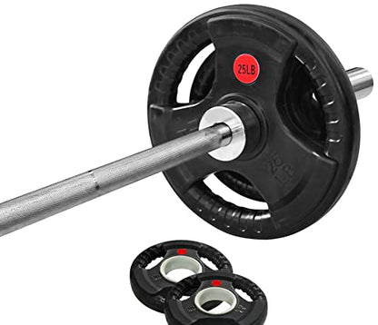 Signature Fitness Cast Iron Olympic 2-Inch Weight Plates Including 7FT Olympic Barbell, 130-Pound Set (85 Pounds Plates + 45 Pounds Barbell), Multiple Packages, Style #4