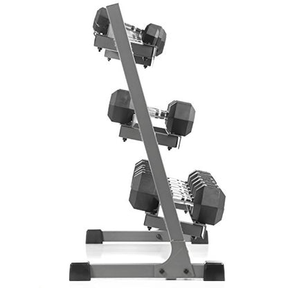 XMARK Rubber Hex Dummbell Weights Set, 10 Pair of Dumbbell Hand Weights, 5 lbs to 50 lbs With Dumbbell Storage Rack