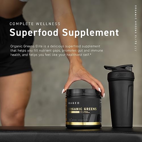 Kaged Organic Greens Elite | Superfood and Greens Powder with Apple Cider Vinegar, Adaptogen, Prebiotics, Vitamins & Minerals | Lemon | 30 Servings